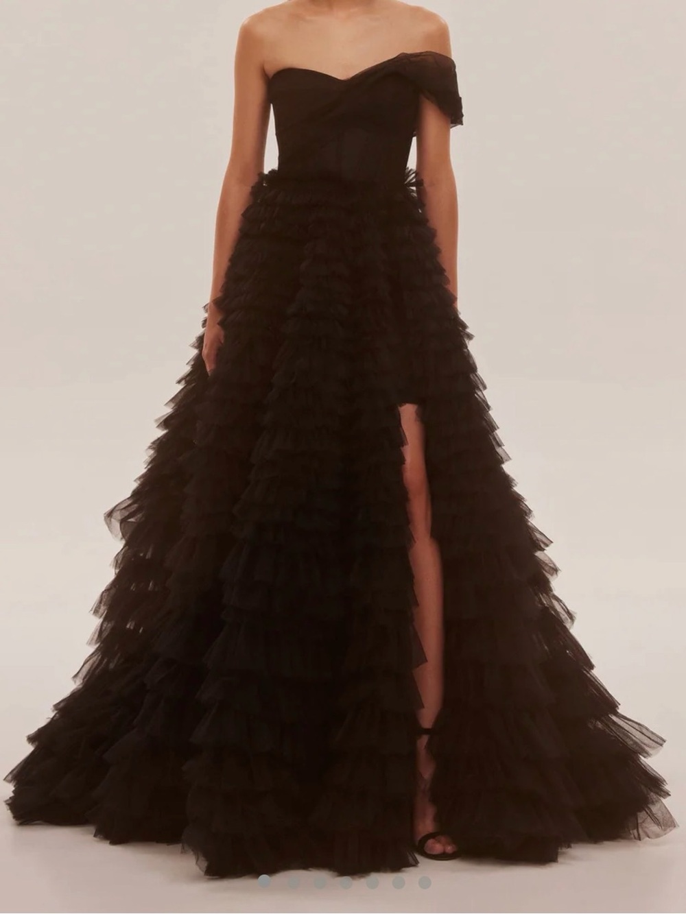 MillaNova One-Shoulder Black Ruffled Tulle Gown